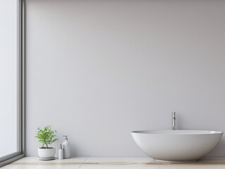 Fototapeta premium Modern sink next to a window of a bathroom in a luxury property. Minimalist luxury interiors composition.