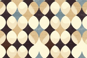Geometric seamless pattern of beige, brown, blue and white abstract shapes. Repeating modern retro wallpaper design.  Abstract background for interior design or textile.
