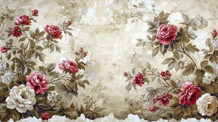 A painting of a wall with a flowery border and a large red rose in the center