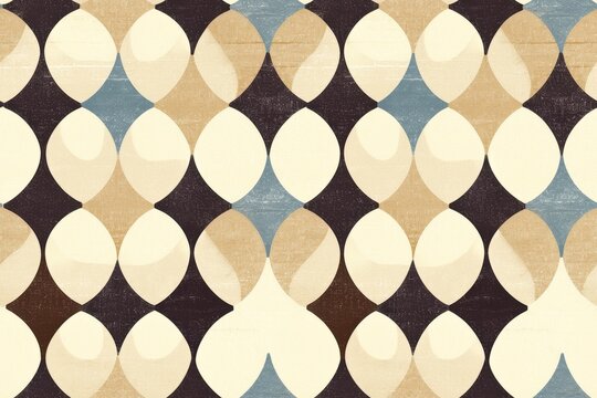 Geometric seamless pattern of beige, brown, blue and white abstract shapes. Repeating modern retro wallpaper design.  Abstract background for interior design or textile.