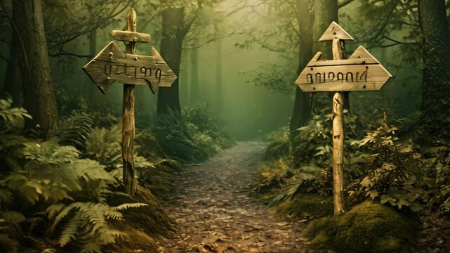 Wooden cross on the path in the forest. Halloween concept, Showing a path splitting into two going into the woods with a blank signpost