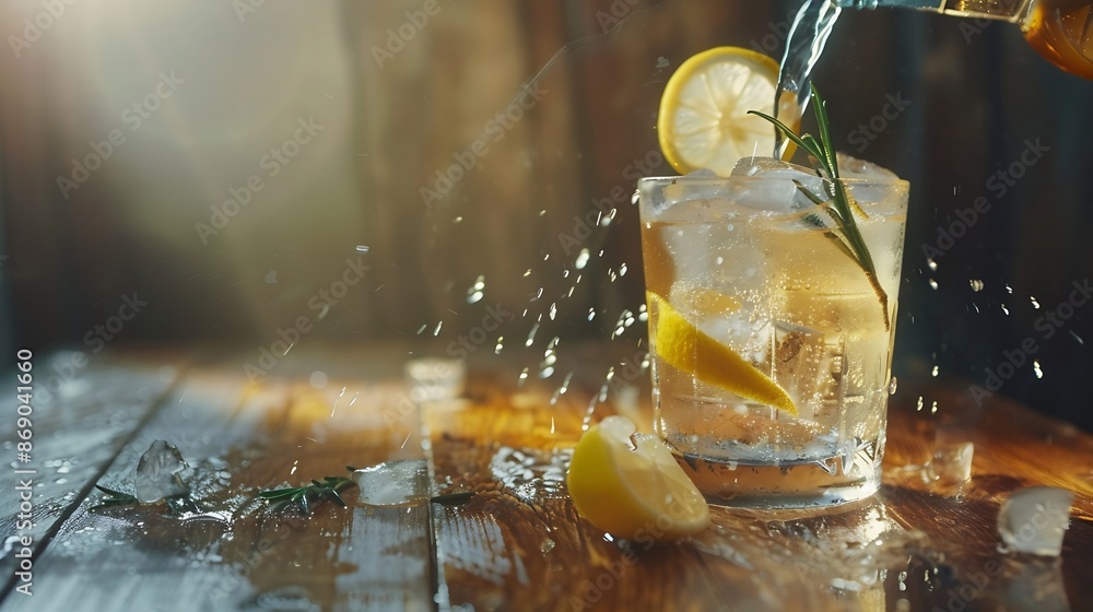 Poster Cocktail gin tonic with ice lemon and rosemary on a old wooden table Gin is poured from a bottle into a glass with ice and lemon slices Copy space : Generative AI