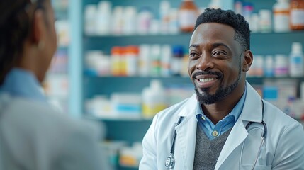 Obraz premium A man in a white lab coat is smiling at a woman in a blue shirt. They are in a pharmacy