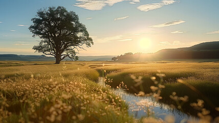 Fototapeta premium Tranquil sunset over meadow reflecting beauty in nature, AI Generative.