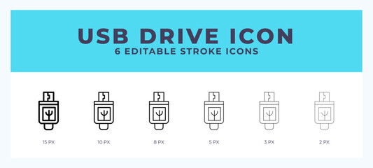 Usb drive icon set with different stroke. Design elements for logo. Vector illustration.