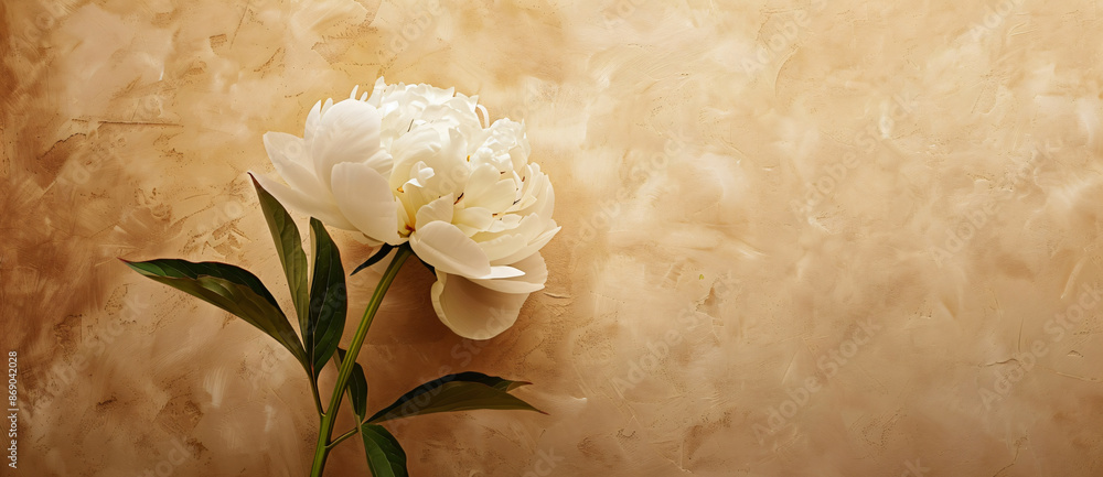 Poster white peony flowers in a close-up view against a beige background with soft light creating a delicat