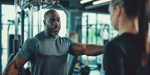 A trainer provides instruction to a woman in a modern gym setting, with both individuals focused on an exercise routine, surrounded by gym equipment and weights.