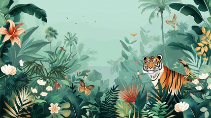 Jungle Tropical Illustration with Palm Trees, Plants, Wild Animals, and Exotic Floral Background
