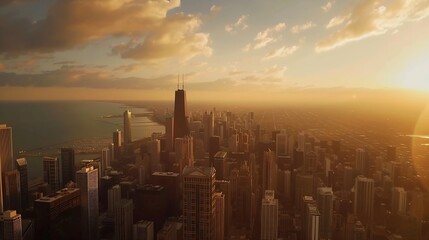 Fototapeta premium Chicago building city view from observation deck high level with sunset sky cityscape of Michihan USA United states of america : Generative AI