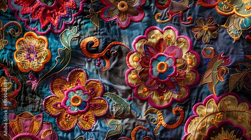 Poster a richly textured fabric with intricate patterns and vibrant colors captures the eye with its detail