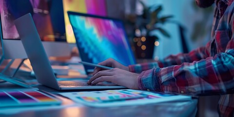 A person is working on multiple computer screens with vibrant, colorful images displayed, surrounded by design materials, in a creatively lit workspace.
