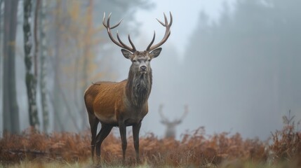 deer standing in a forest with one of them looking at the other