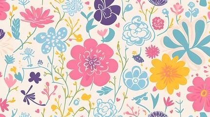 Abstract childish, cute and fun colorful dreamy garden floral seamless pattern wallpaper background with flowers and critters, vector.