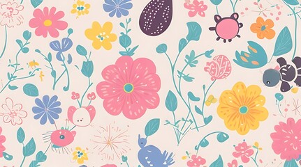 Fototapeta premium Abstract childish, cute and fun colorful dreamy garden floral seamless pattern wallpaper background with flowers and critters, vector. Generative AI