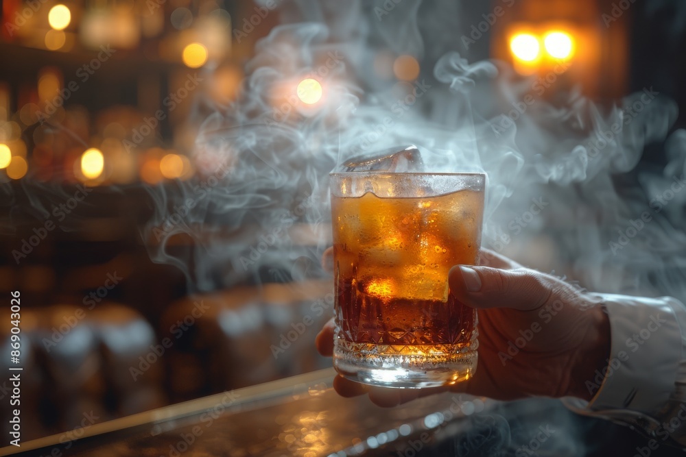 Wall mural a hand holds a glass of whiskey with ice, emitting smoke, in a dimly lit, cozy bar setting, creating