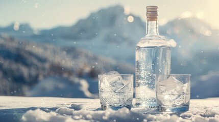 A bottle and two glasses of vodka with ice, set against a snowy mountain backdrop, capturing a crisp winter moment.