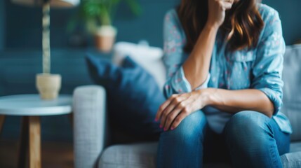 Obraz premium A woman sitting pensively on a couch in a cozy living room, her posture suggesting deep thought or contemplation.