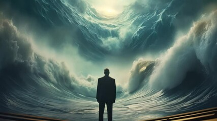 Man Facing Monumental Wave
