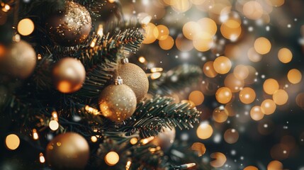 Fototapeta premium A close-up of a beautifully decorated Christmas tree adorned with golden baubles and twinkling fairy lights against a bokeh background.
