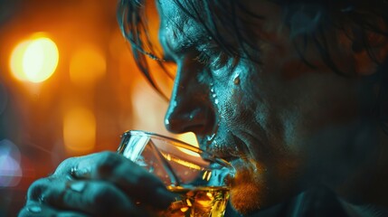 A contemplative man holding a glass of whiskey in a dimly lit bar, with a thoughtful expression and soft background lights.