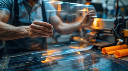 A worker carefully handles a large sheet of transparent film in a high-tech industrial environment, showcasing precision and material flexibility.