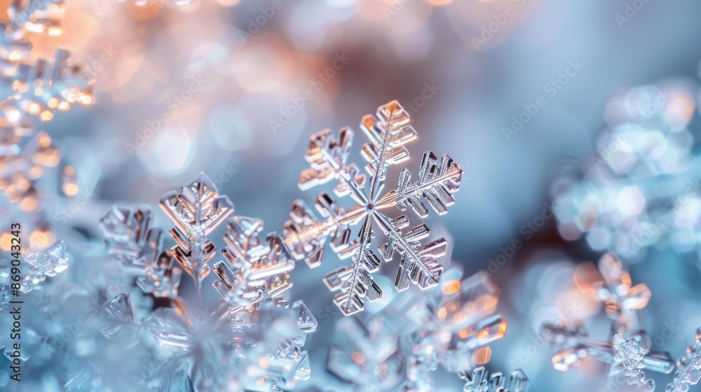 Poster a detailed macro shot of a snowflake showcasing its intricate design with a soft bokeh background of