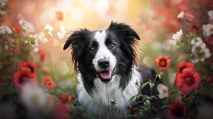 Fototapeta premium border collie dog pet portrait with flowers in nature : Generative AI