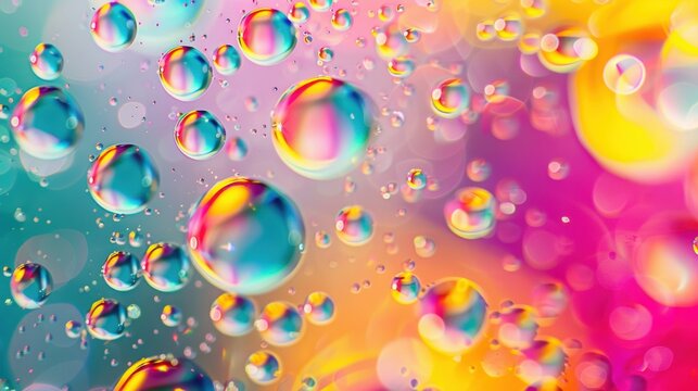 A vibrant image of bubbles with rainbow reflections against a multicolored background, creating a mesmerizing abstract visual.