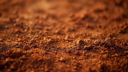 Close-up of rich brown soil with a fine, detailed texture, depicting a natural and earthy ground surface in warm light.