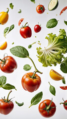 Obraz premium Close-up, vegetables falling on a white background with splashes of water
