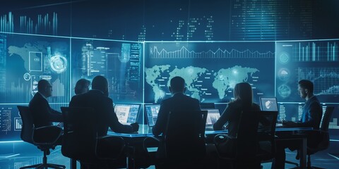 A team of people is working together in a high-tech room with data and world maps displayed on large screens, emphasizing collaboration and advanced technology.