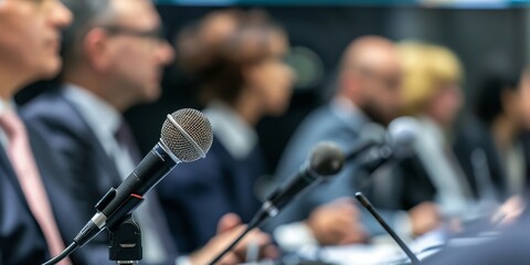 Fototapeta premium A close-up of a microphone on a table at a conference panel, with blurred attendees in the background, highlighting the formal setting and the theme of communication.