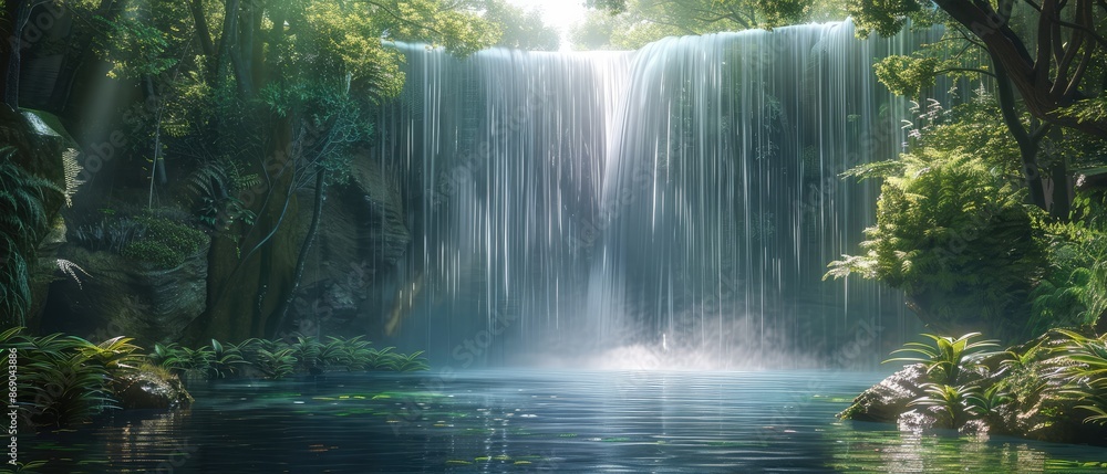 Poster beautiful closeup of a waterfall with a slow-motion effect, capturing the splash and flow of the wat
