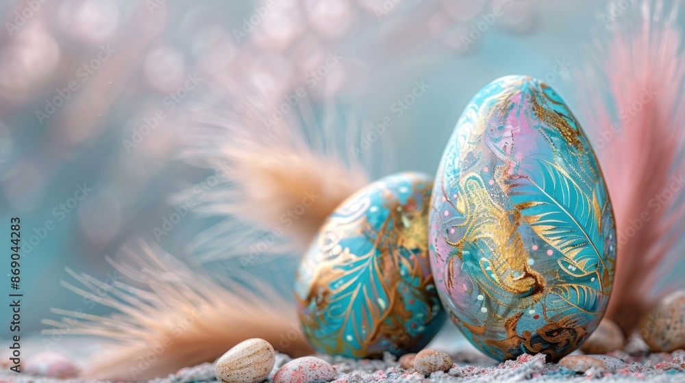 Poster close-up of intricately decorated easter eggs with vibrant patterns, surrounded by soft feathers and
