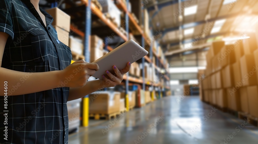 Poster Tablet woman and online stock check with shipping company logistics and e commerce with tech Digital inventory checklist package and supply chain with delivery system and small busines : Generative AI