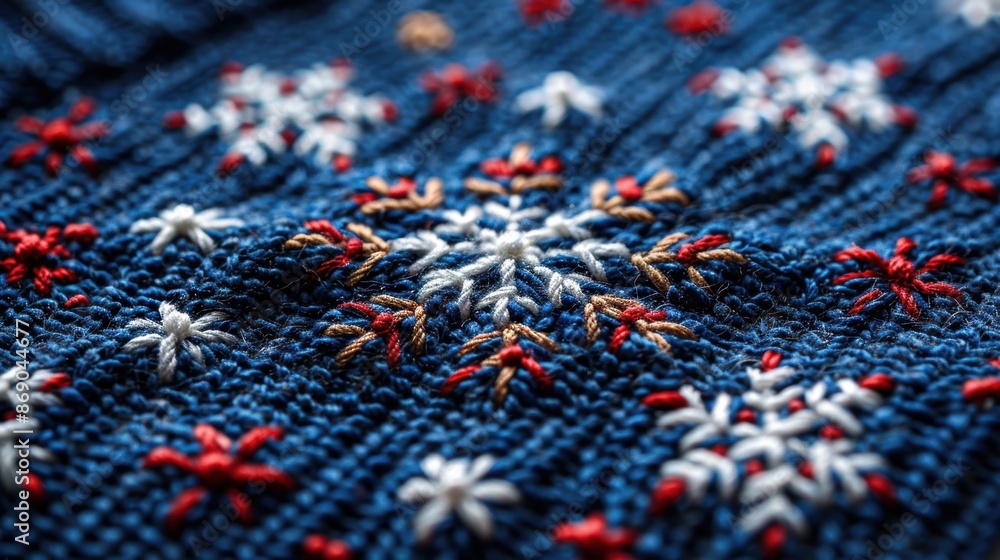 Poster close-up of a knitted fabric featuring detailed snowflake patterns, showcasing the texture and craft