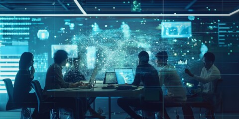 A group of professionals collaborates around a digital hologram in a high-tech conference room, focusing on data and strategy, emphasizing teamwork and futuristic technology.