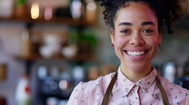 Young biracial woman smiles joyfully in a cafe setting her apron suggests she may be a barista or a small business owner at work : Generative AI