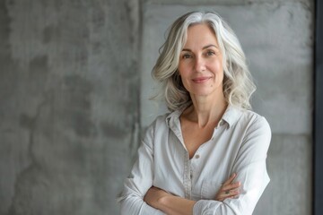 Fototapeta premium Portrait of confident smiling middle aged woman with crossed arms