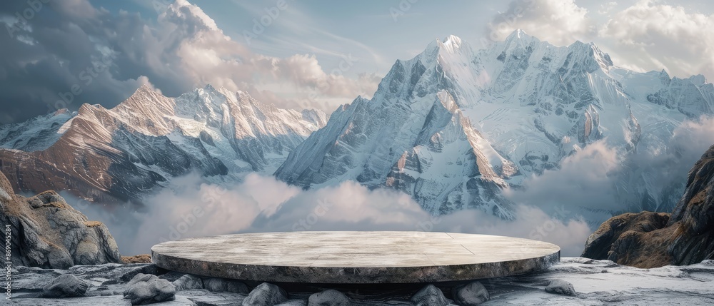 Poster dramatic mountain background with empty stone platform for display product or mockup