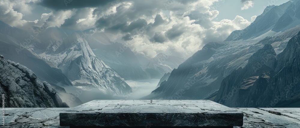 Poster empty stone platform for display product or mockup with dramatic mountain background