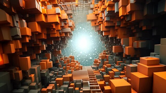 This Video showcases a room brimming with numerous orange and black cubes, creating a vibrant and visually striking display, The fourth dimension wallpaper