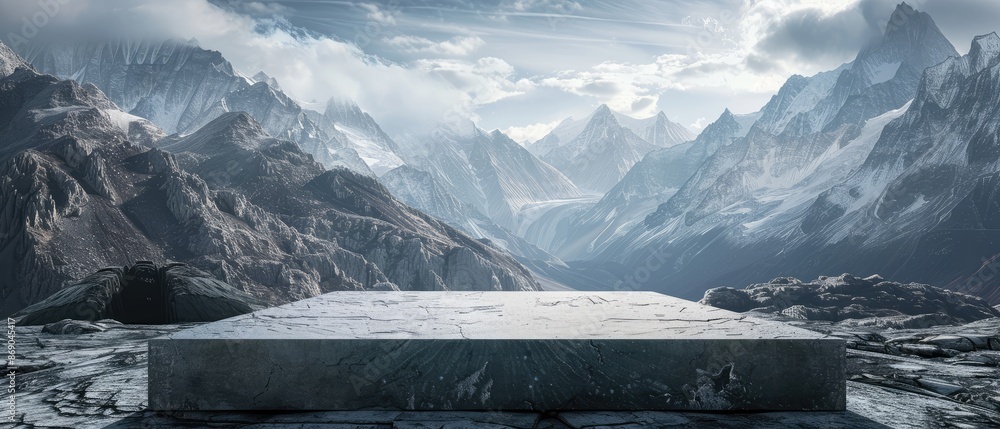 Poster mountain background dramatic with empty stone platform for product display or mockup