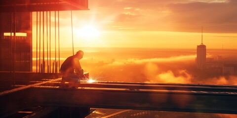 Fototapeta premium A worker is welding metal on a high structure during sunset, surrounded by the glow of the setting sun, which highlights the dedication and precision required in construction.