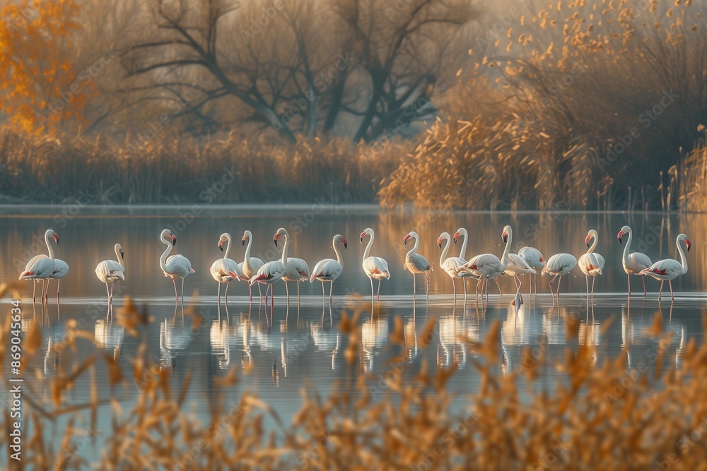 Canvas Prints flamingos standing in a tranquil lake surrounded by autumn foliage and reflections in the water