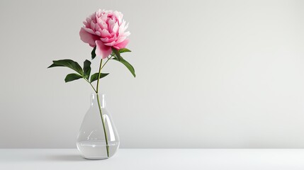 Single pink peony flower in a clear glass vase on a white surface.