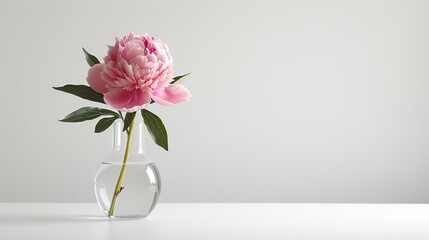 Fototapeta premium Single pink peony flower in a glass vase on a white background.