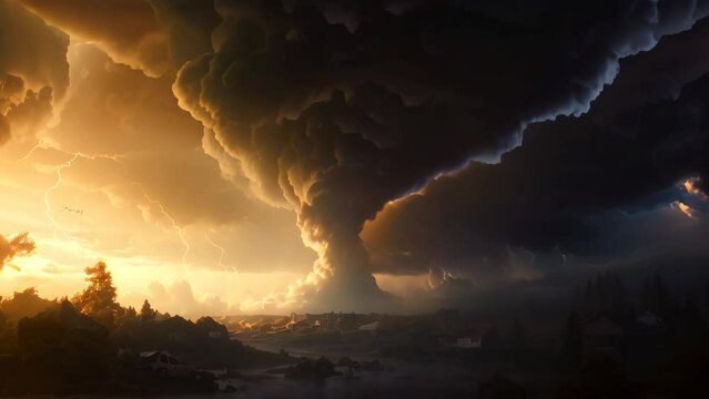 A powerful storm looms over a peaceful rural town, foreshadowing potential peril for its residents, Tornado disaster concept