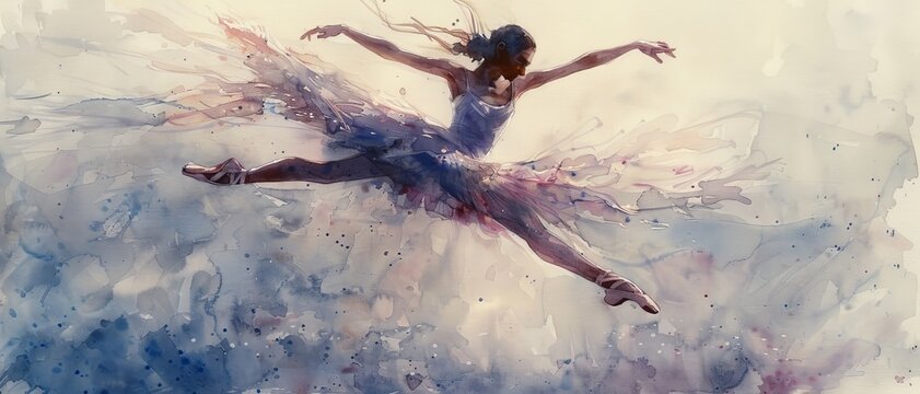 A ballerina leaps through the air, her tutu billowing around her.