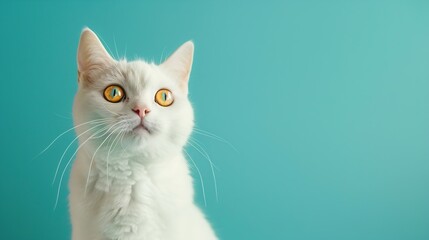 Obraz premium Close up of cute white british cat on a blue wide background : Generative AI